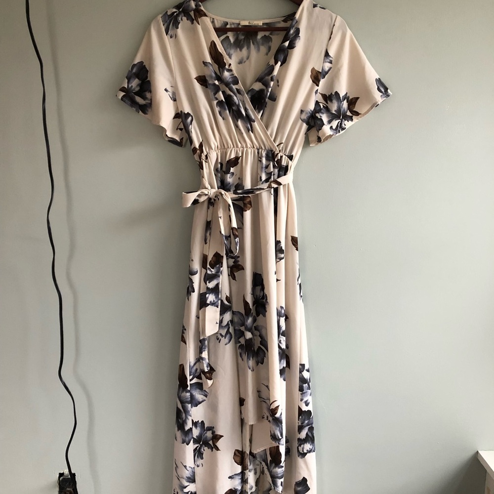 Piper and Scoot white and blue floral wrap dress